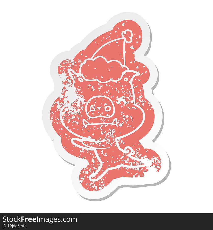 angry cartoon distressed sticker of a pig wearing santa hat