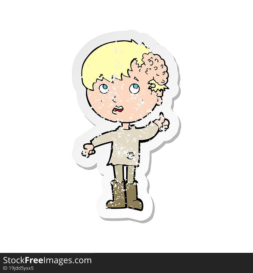 retro distressed sticker of a cartoon boy with growth on head