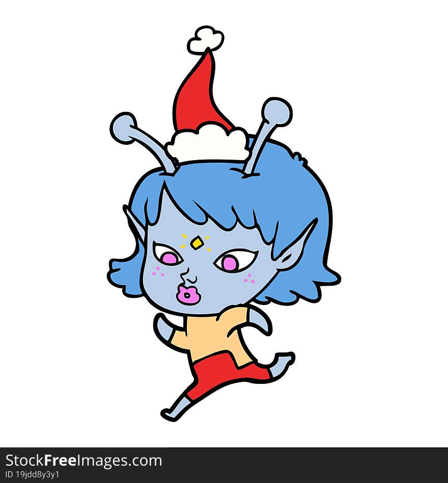 pretty line drawing of a alien girl running wearing santa hat