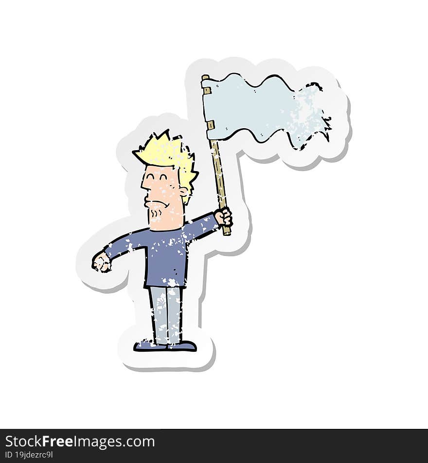 retro distressed sticker of a cartoon unhappy man waving flag