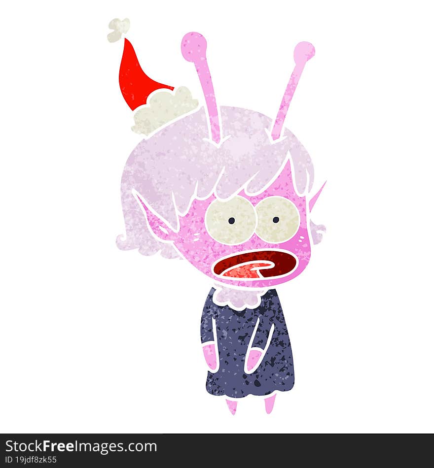 retro cartoon of a shocked alien girl wearing santa hat