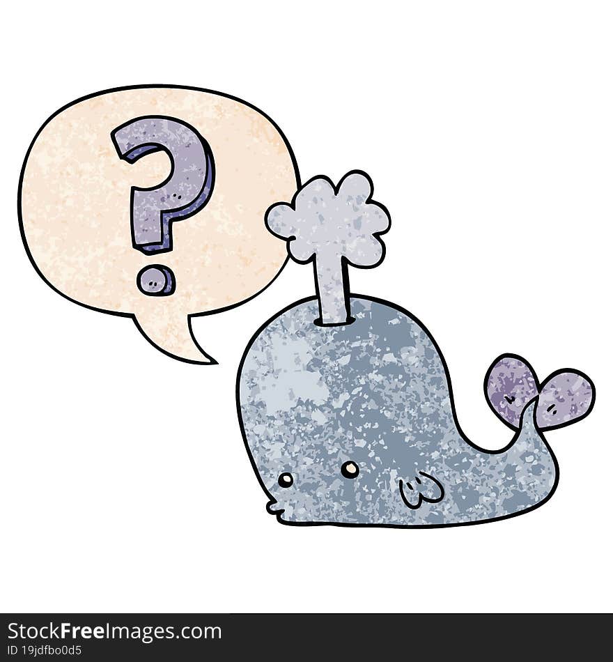 cartoon curious whale and speech bubble in retro texture style