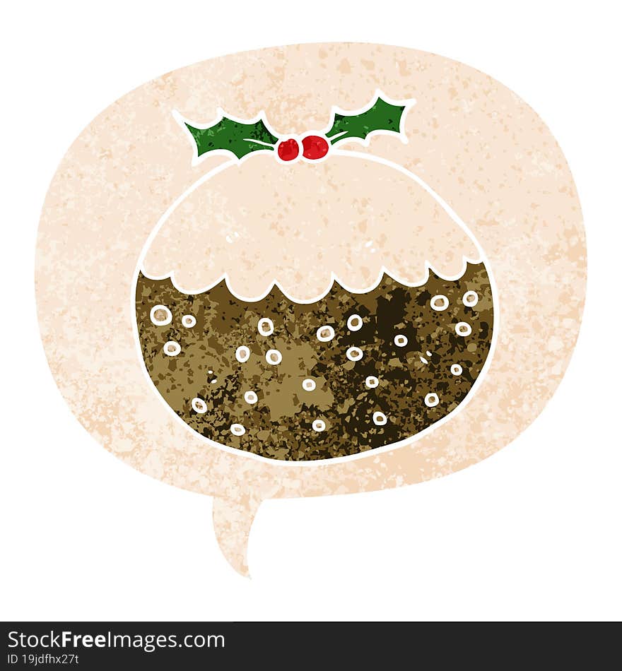 cartoon christmas pudding and speech bubble in retro textured style