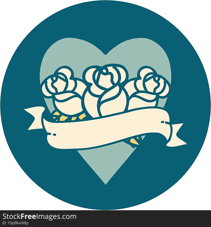 Tattoo Style Icon Of A Heart And Banner With Flowers