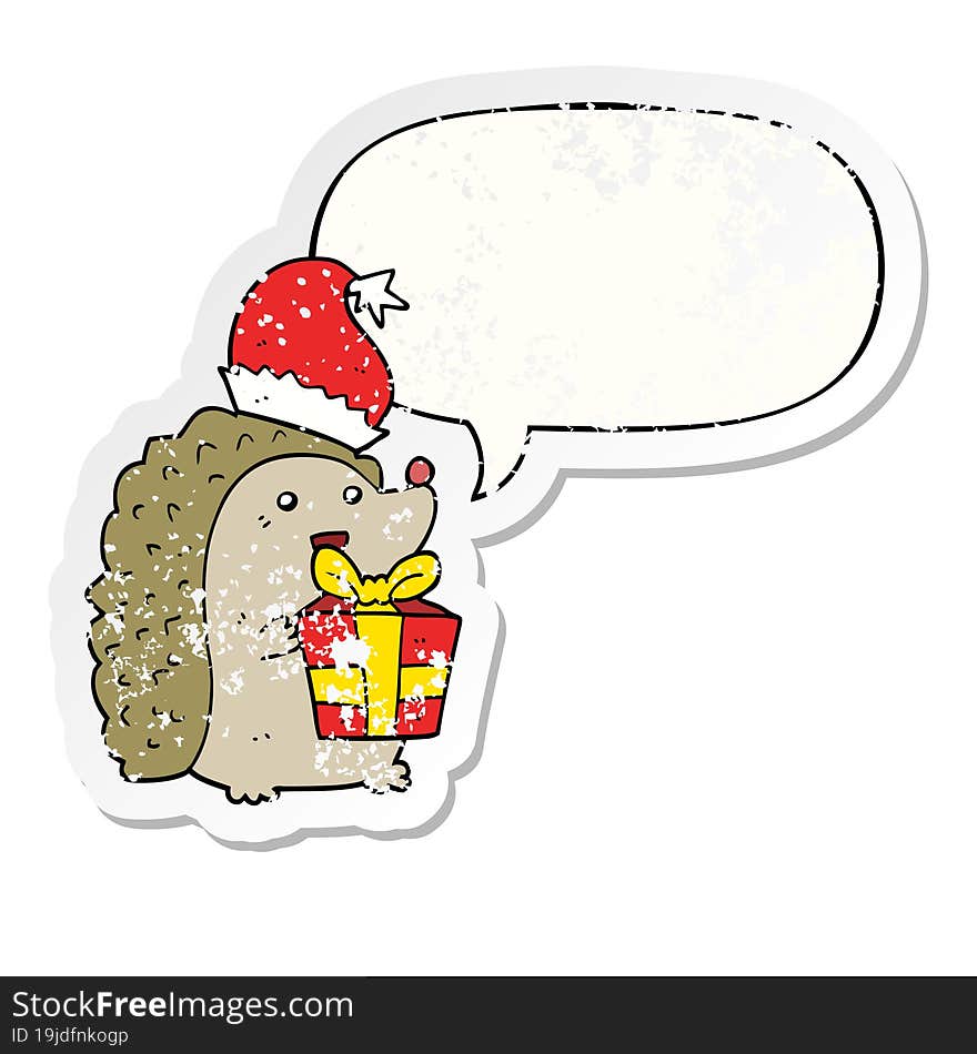 cartoon hedgehog wearing christmas hat with speech bubble distressed distressed old sticker. cartoon hedgehog wearing christmas hat with speech bubble distressed distressed old sticker