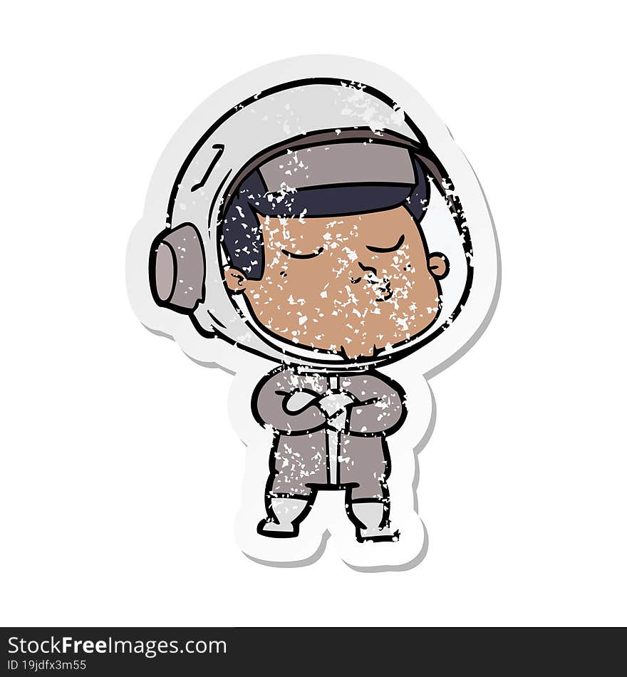 distressed sticker of a cartoon confident astronaut