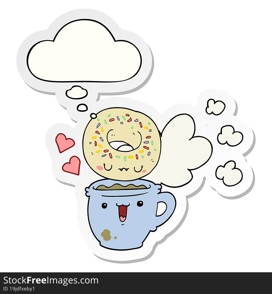 cute cartoon donut and coffee and thought bubble as a printed sticker