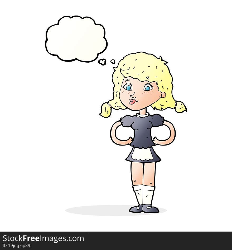 cartoon happy waitress woman with thought bubble