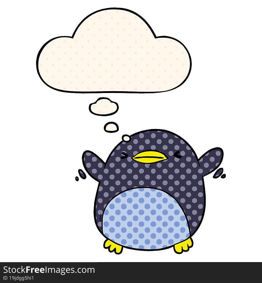 cute cartoon flapping penguin and thought bubble in comic book style