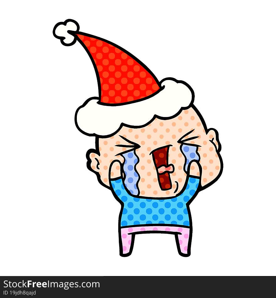 comic book style illustration of a crying bald man wearing santa hat