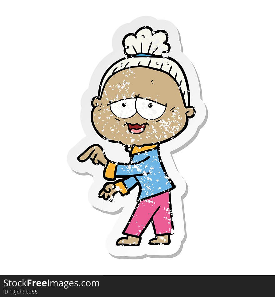 Distressed Sticker Of A Cartoon Happy Old Lady