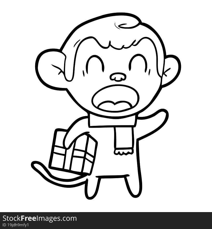 shouting cartoon monkey carrying christmas gift. shouting cartoon monkey carrying christmas gift