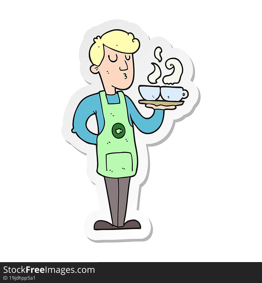 sticker of a cartoon barista serving coffee