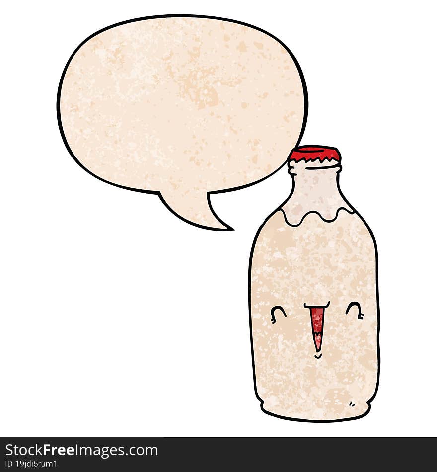 cute cartoon milk bottle and speech bubble in retro texture style