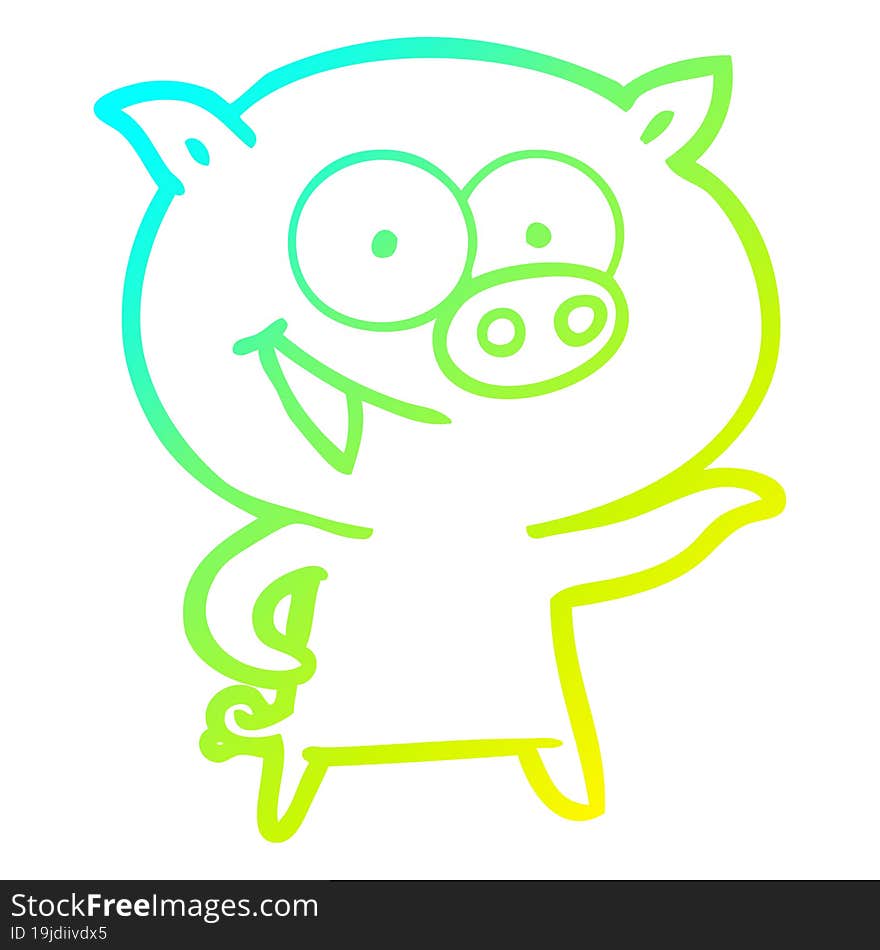 cold gradient line drawing of a cheerful pig cartoon