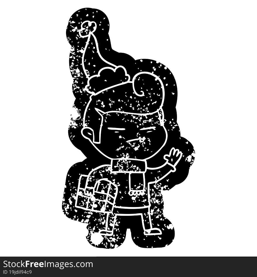 quirky cartoon distressed icon of a cool guy with fashion hair cut wearing santa hat