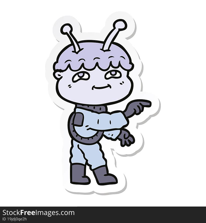 sticker of a friendly cartoon spaceman pointing