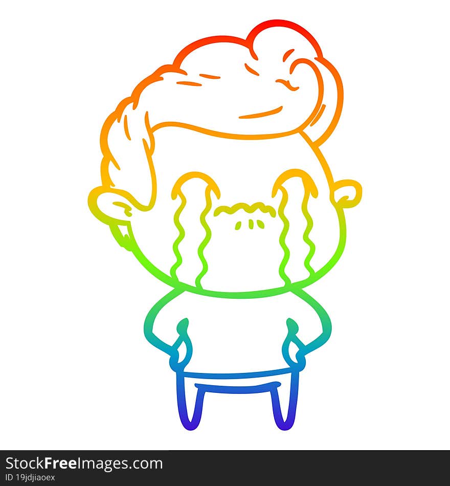 rainbow gradient line drawing of a cartoon man crying