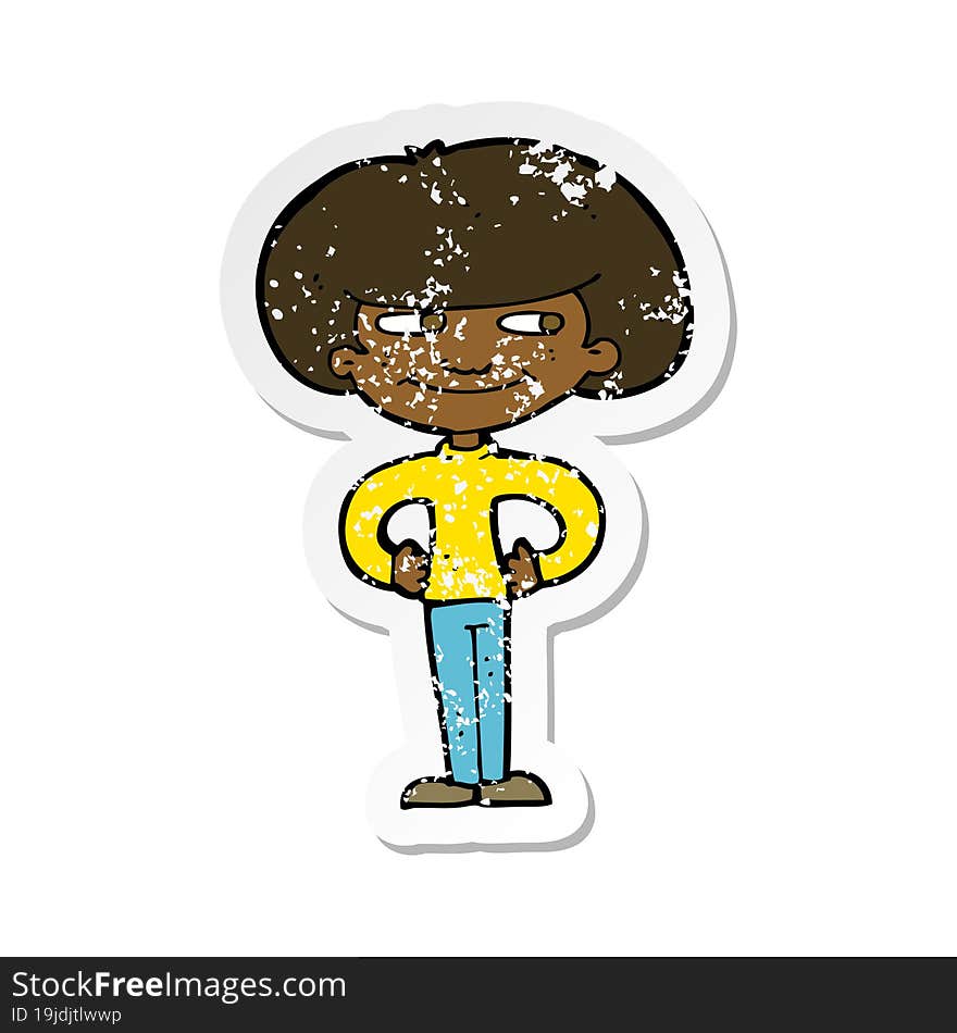 Retro Distressed Sticker Of A Cartoon Boy With Hands On Hips