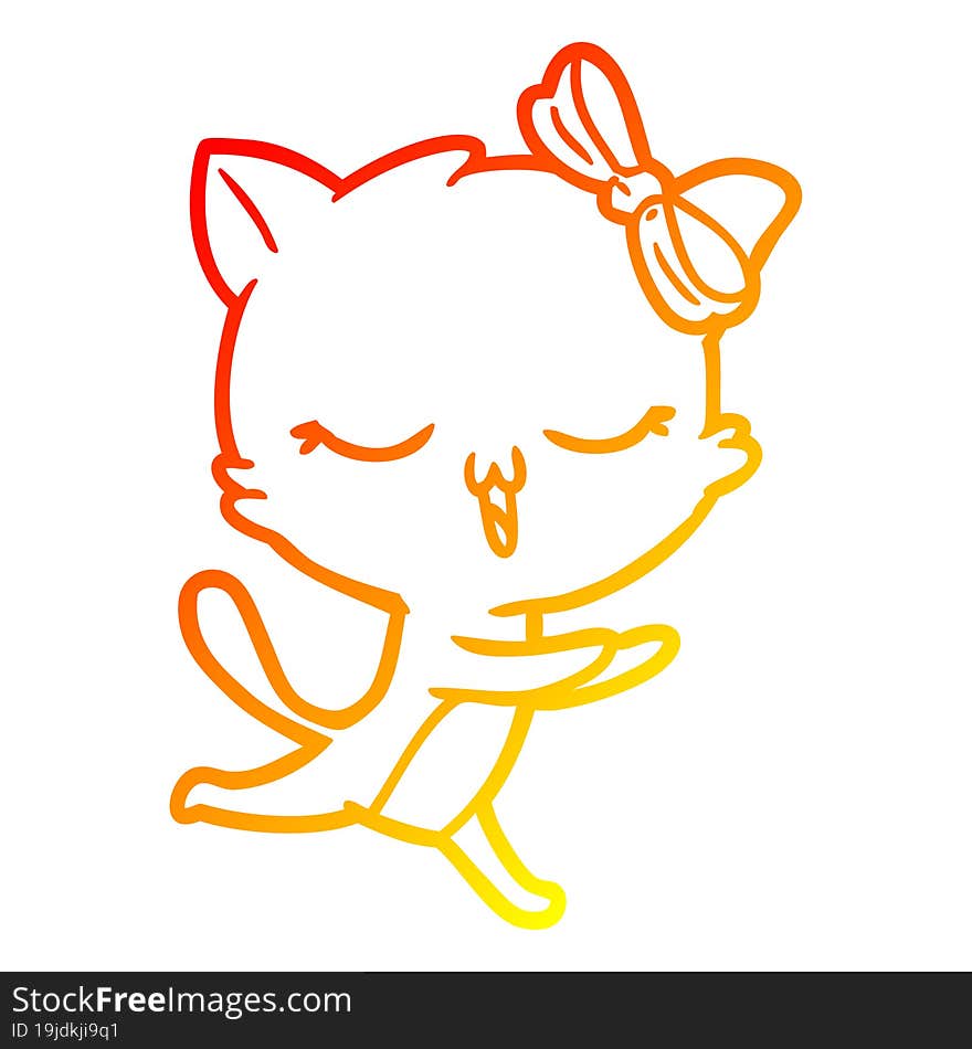 Warm Gradient Line Drawing Cartoon Cat With Bow On Head