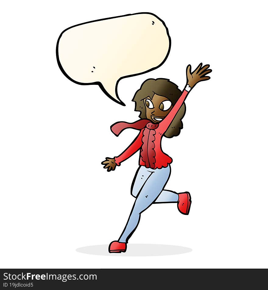 cartoon woman waving dressed for winter with speech bubble