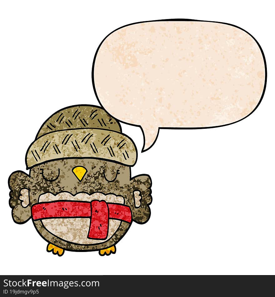 cute cartoon owl in hat and speech bubble in retro texture style