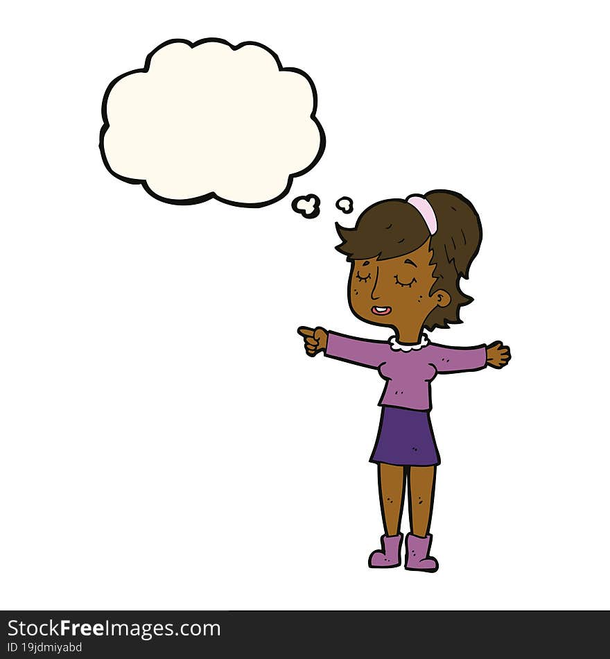 cartoon happy woman pointing with thought bubble