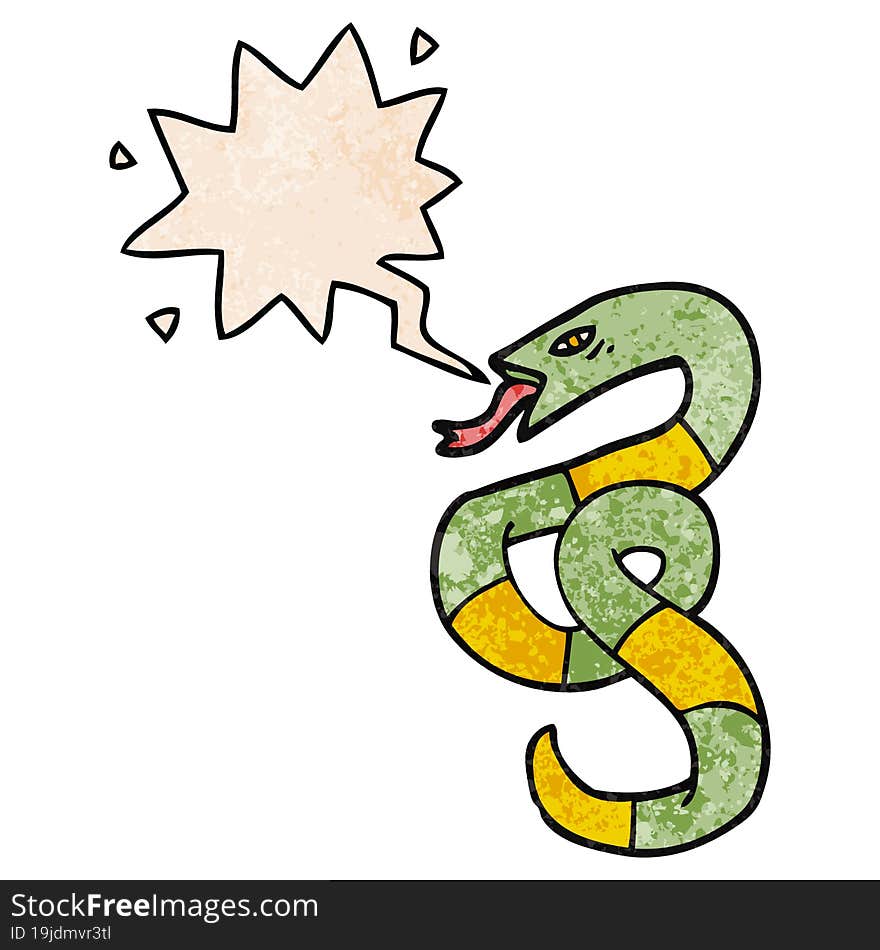 hissing cartoon snake and speech bubble in retro texture style