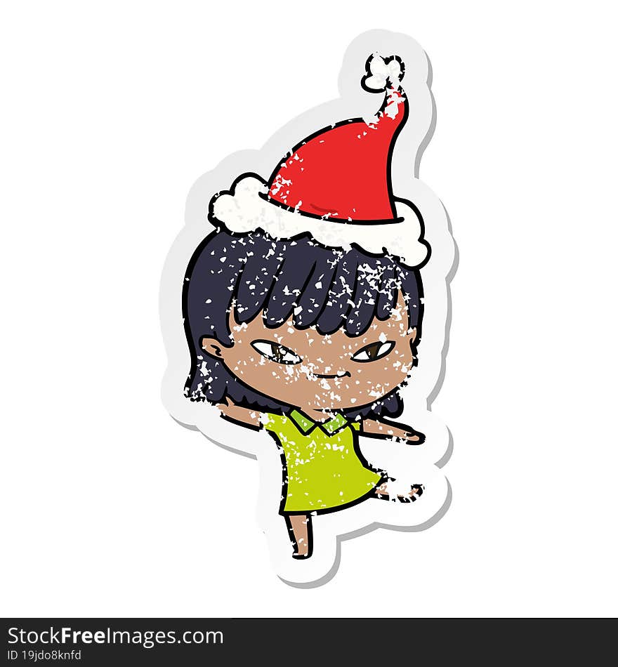 distressed sticker cartoon of a woman wearing santa hat