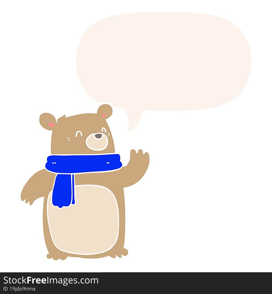 cartoon bear wearing scarf and speech bubble in retro style