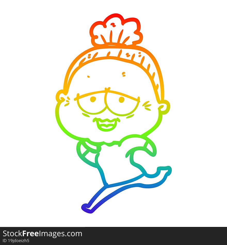 rainbow gradient line drawing of a cartoon happy old lady