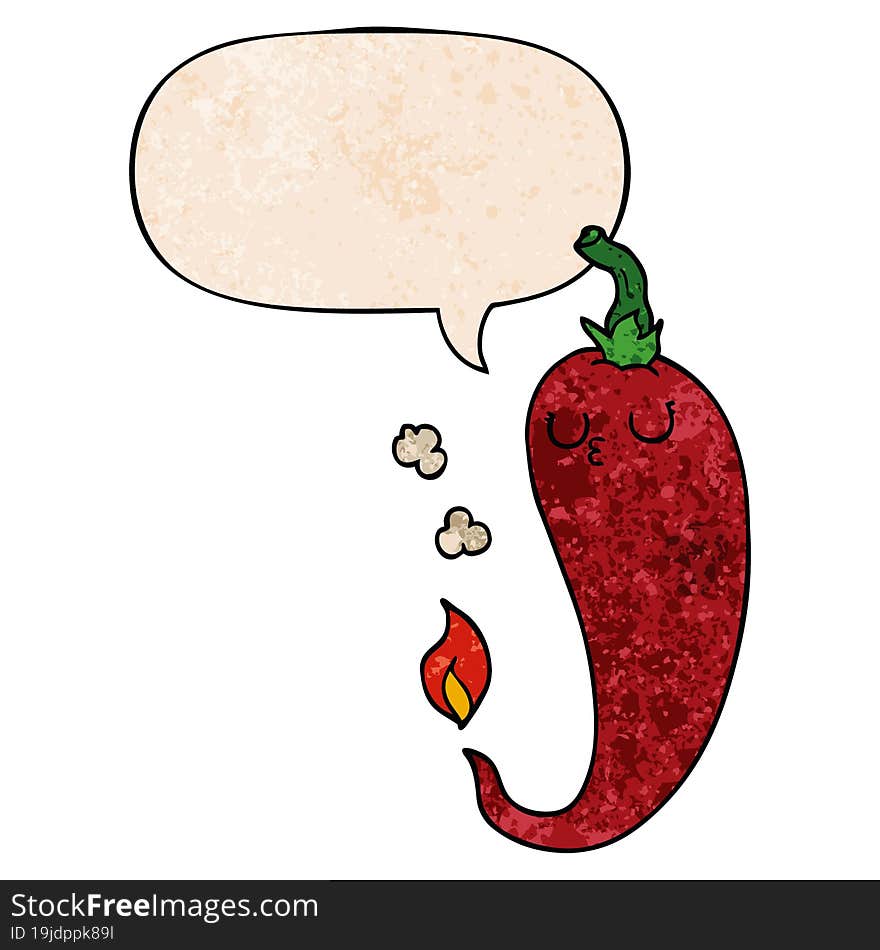 cartoon hot chili pepper and speech bubble in retro texture style