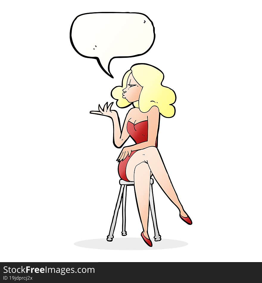 cartoon woman sitting on bar stool with speech bubble