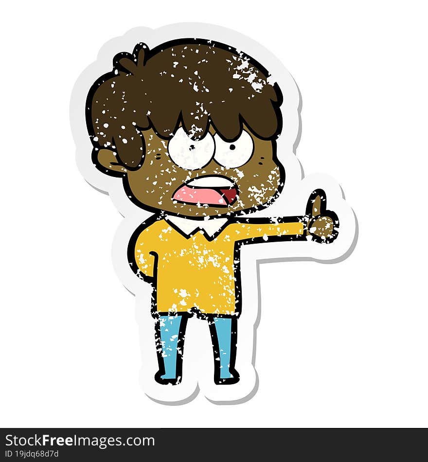 distressed sticker of a worried cartoon boy