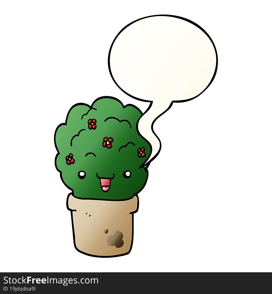 cartoon shrub in pot and speech bubble in smooth gradient style