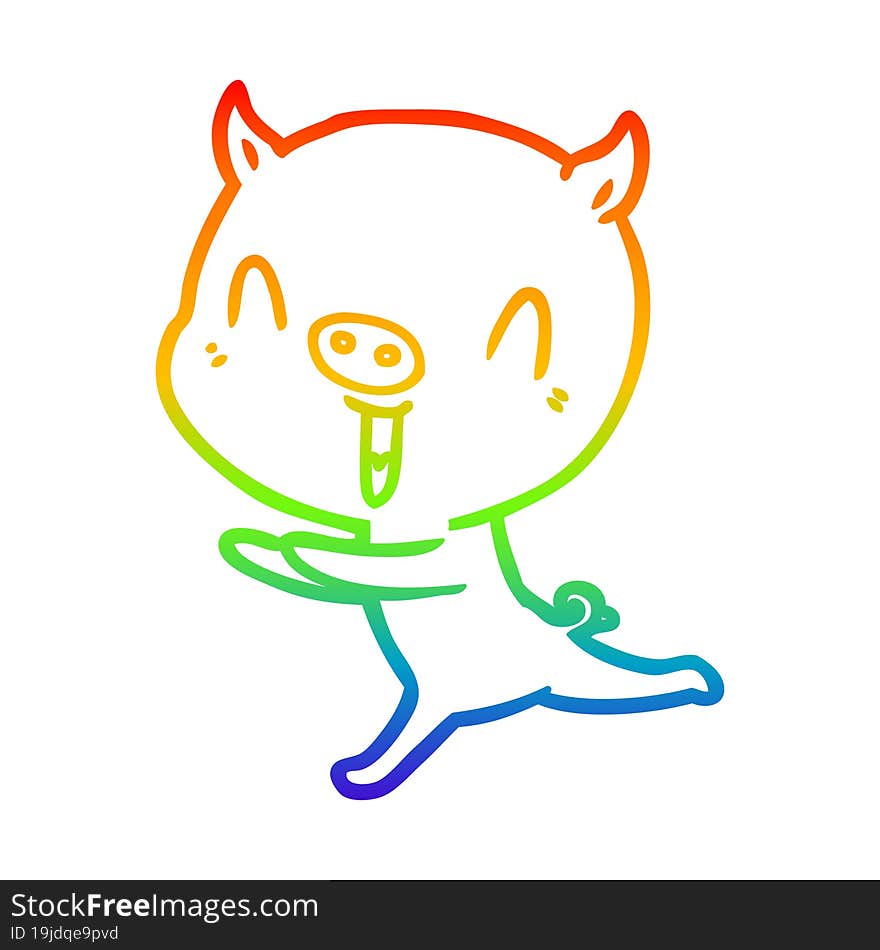 rainbow gradient line drawing happy cartoon pig running