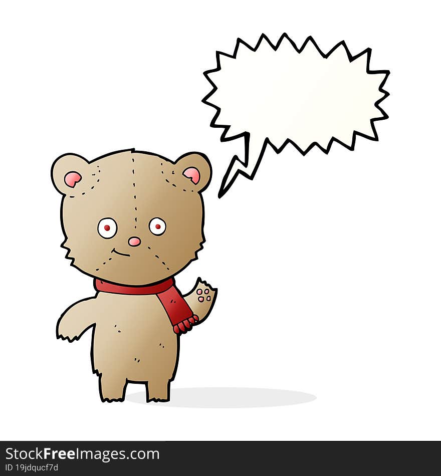 cartoon teddy bear waving with speech bubble