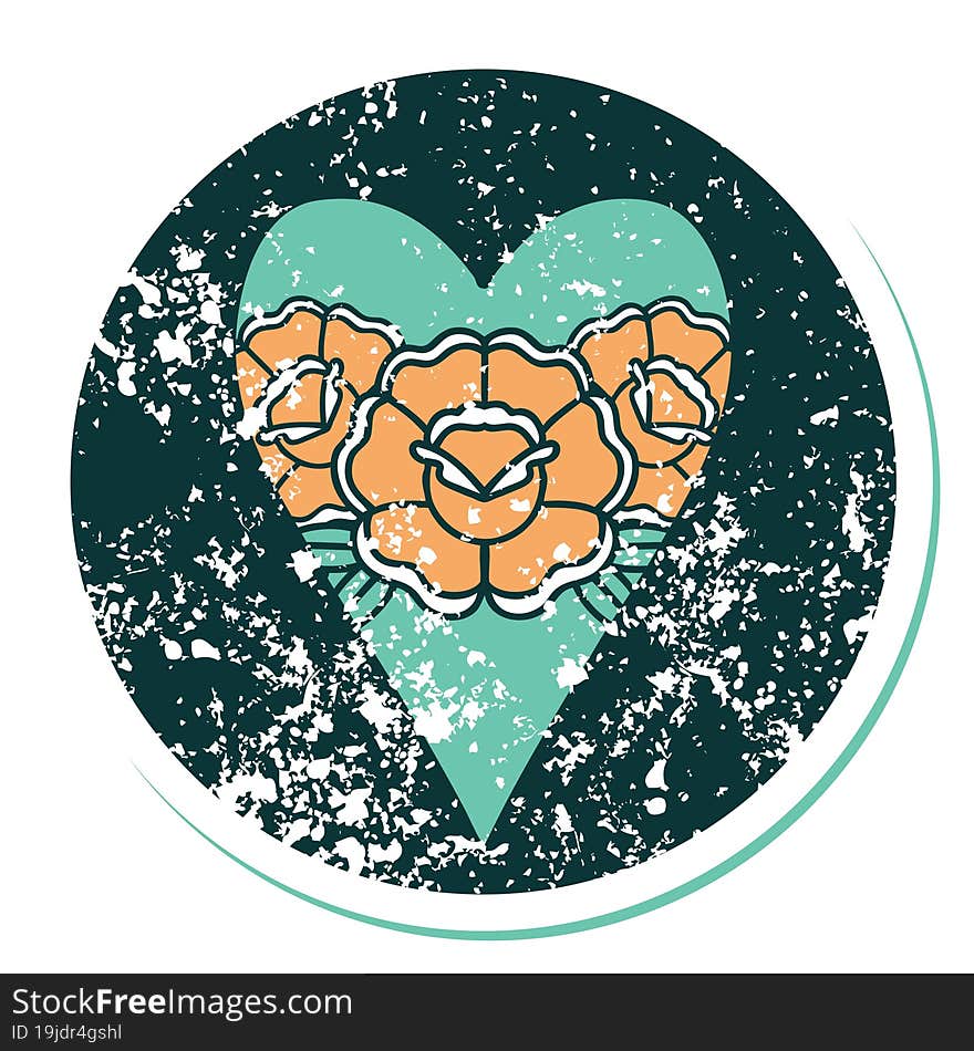 Distressed Sticker Tattoo Style Icon Of A Heart And Flowers