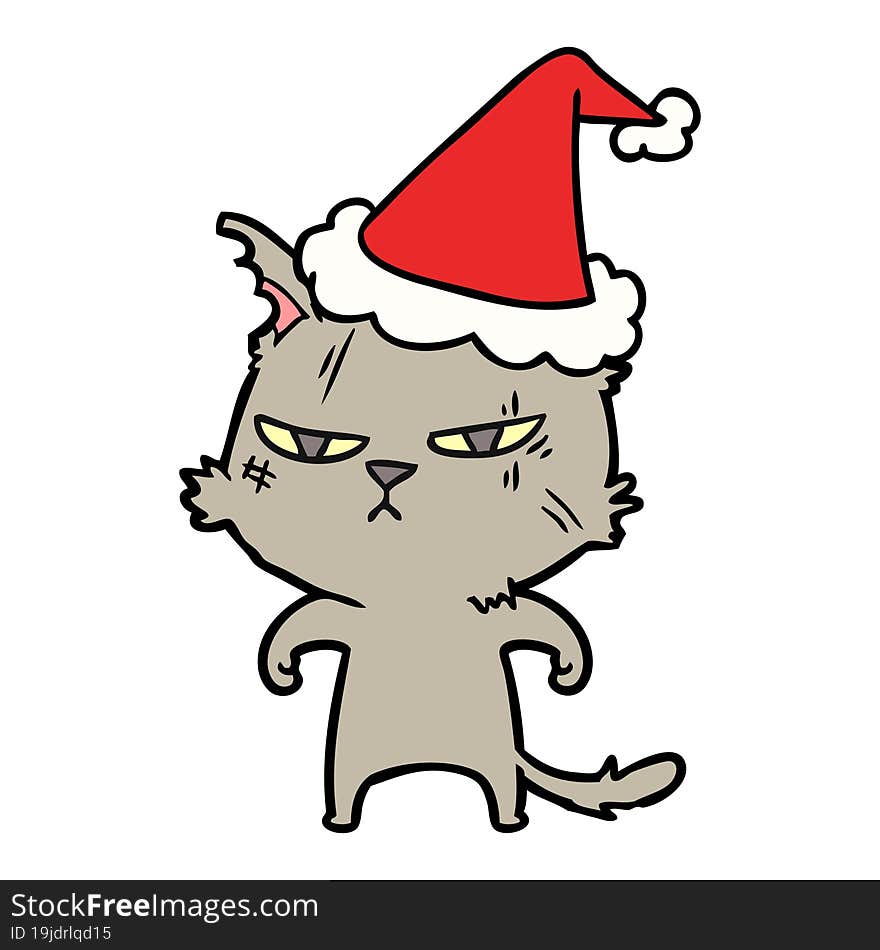 tough line drawing of a cat wearing santa hat