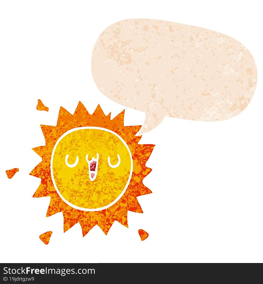 cartoon sun with speech bubble in grunge distressed retro textured style. cartoon sun with speech bubble in grunge distressed retro textured style