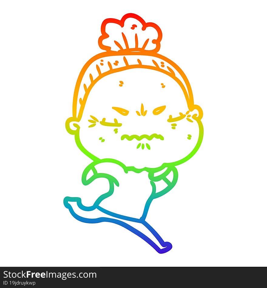 rainbow gradient line drawing of a cartoon annoyed old lady