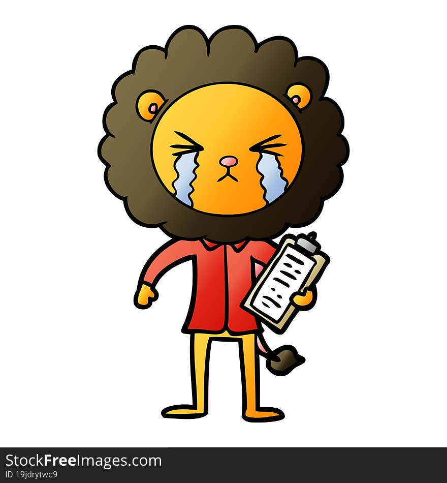 cartoon crying lion with clipboard. cartoon crying lion with clipboard