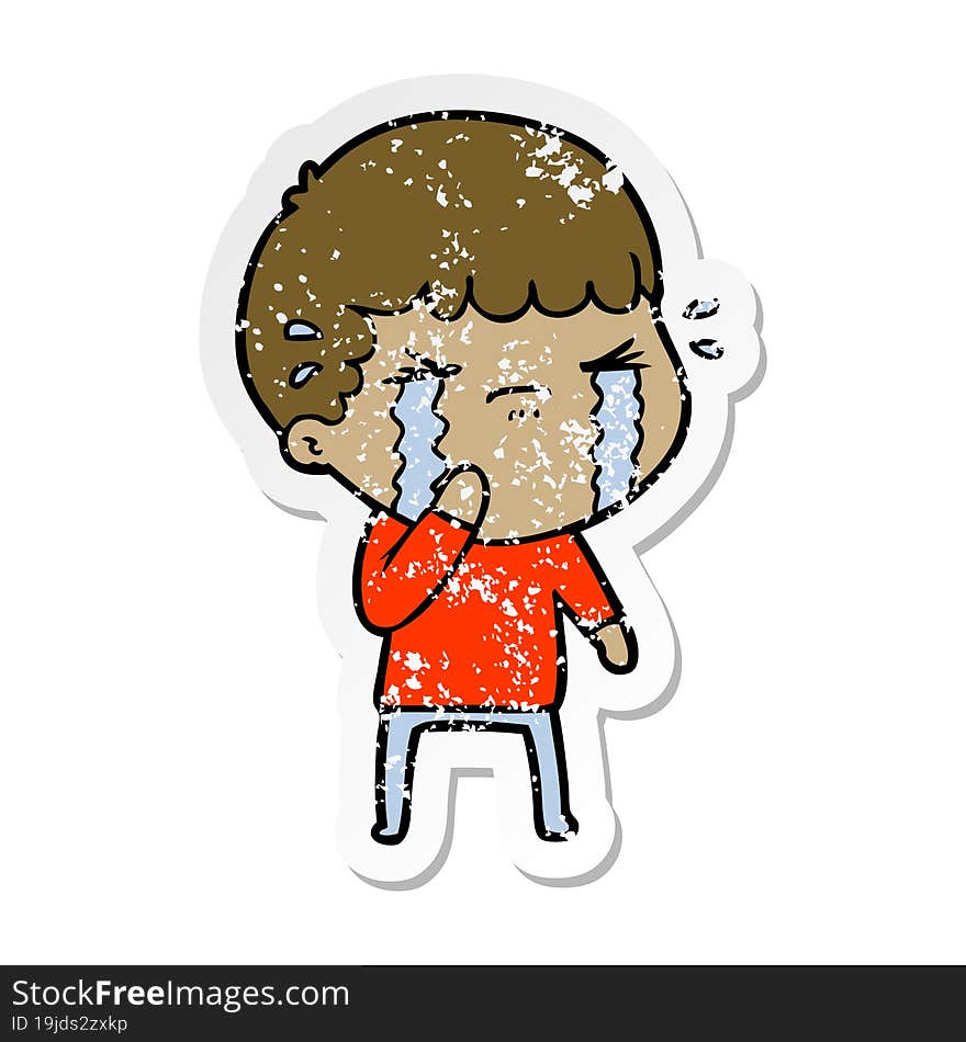 distressed sticker of a cartoon man crying