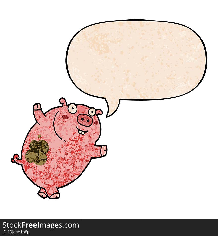 funny cartoon pig and speech bubble in retro texture style