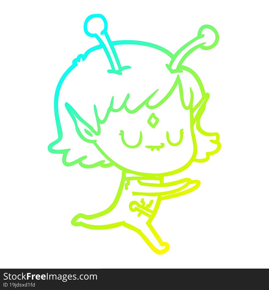 cold gradient line drawing of a cartoon alien girl