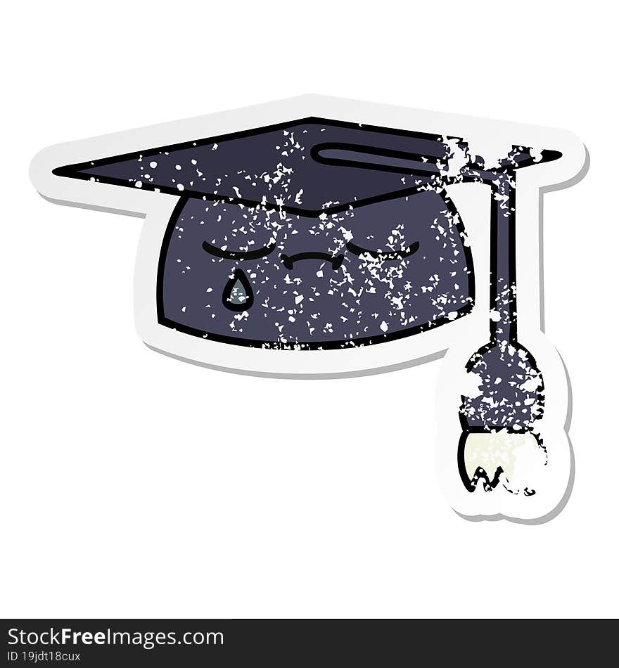 distressed sticker of a cute cartoon graduation hat