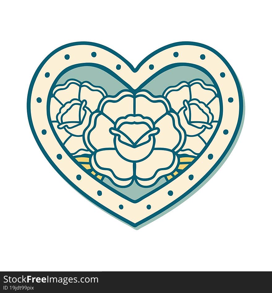 sticker of tattoo in traditional style of a heart and flowers. sticker of tattoo in traditional style of a heart and flowers