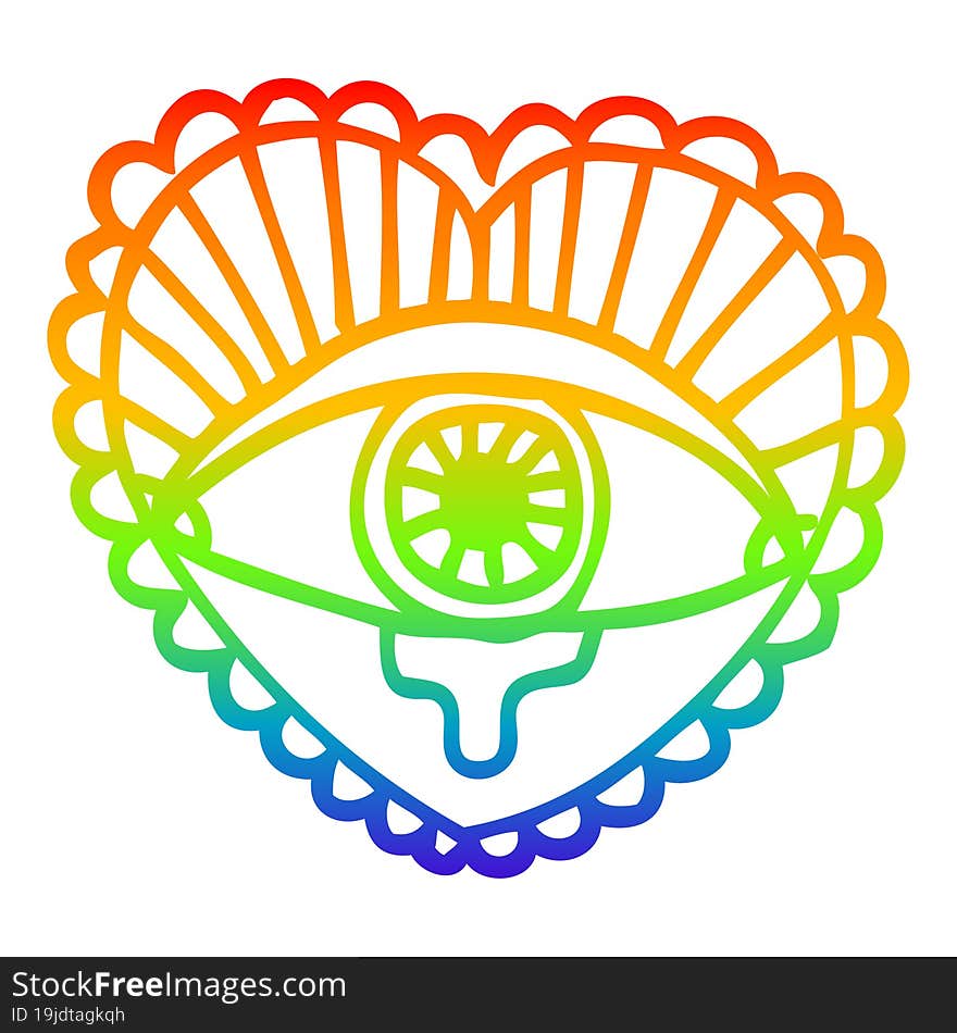 rainbow gradient line drawing of a cartoon crying eye heart tattoo symbol