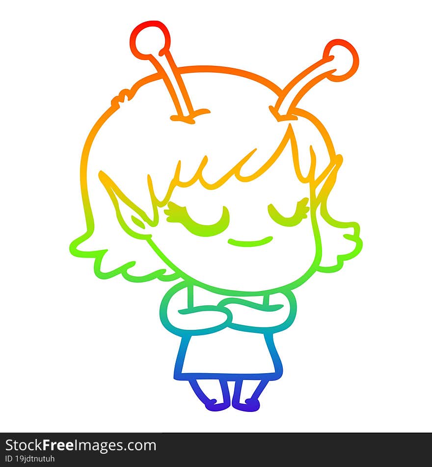 Rainbow Gradient Line Drawing Smiling Alien Girl Cartoon