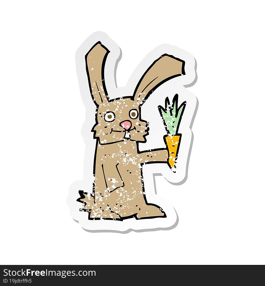 Retro Distressed Sticker Of A Cartoon Rabbit With Carrot